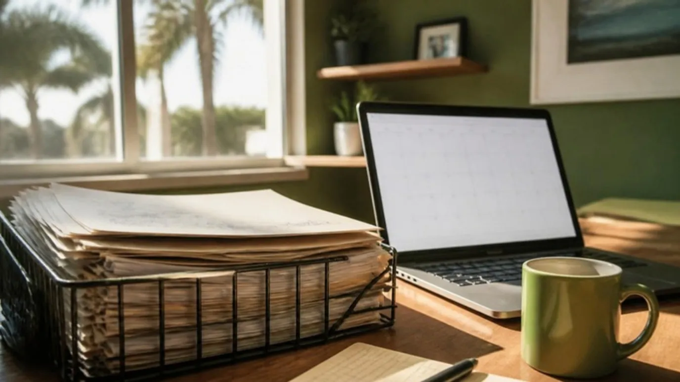 Una bandeja llena de cotizaciones en papel junto a una laptop con un calendario casi vacío y una taza de café verde.