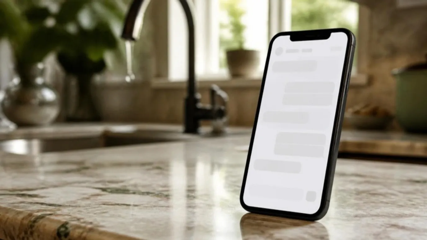 Un teléfono con una respuesta de chat sobre el mostrador de la cocina, con una llave de agua detrás.