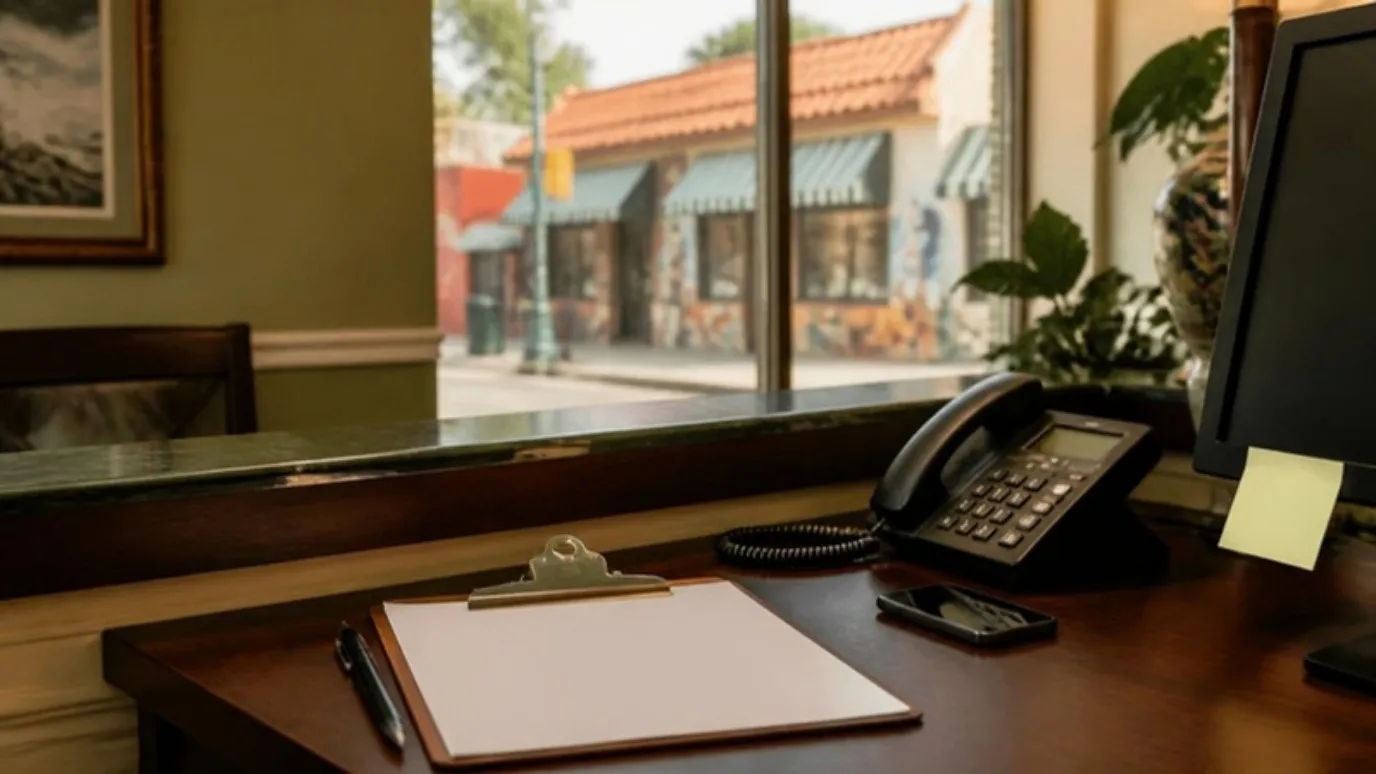 Un escritorio de recepción con un formulario en una tablilla, un teléfono de oficina y una nota en el monitor, con una calle de Miami por la ventana.