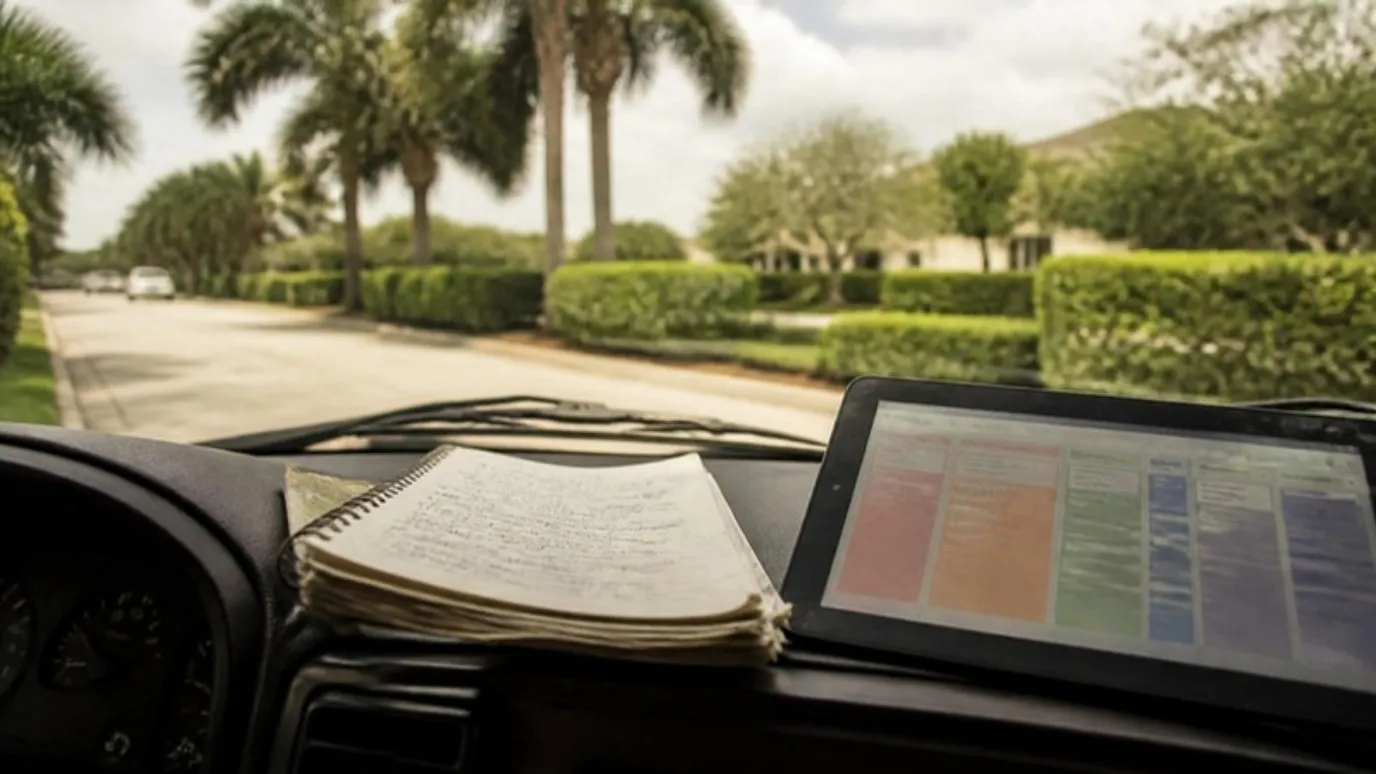 Una libreta gastada en el tablero de una camioneta junto a una tableta con un tablero de columnas de colores.