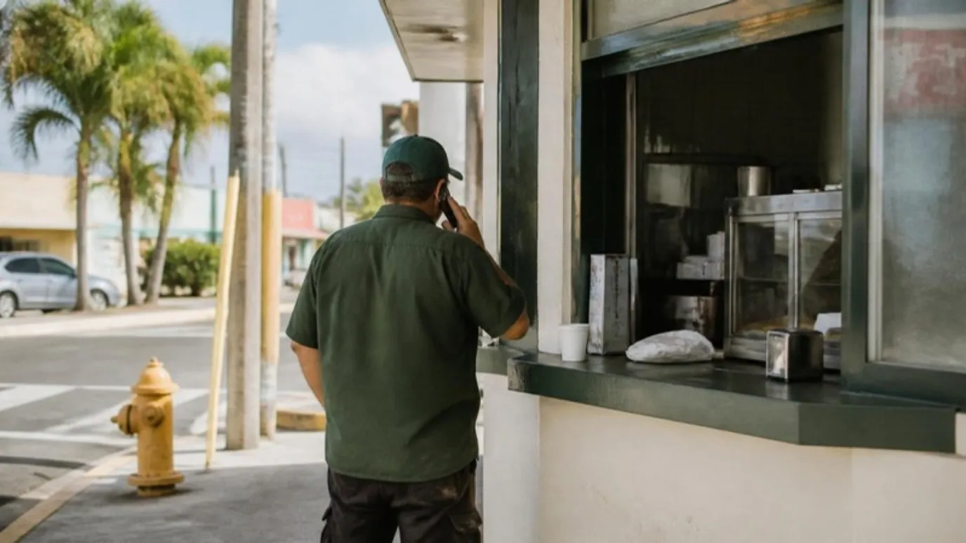 Un trabajador de espaldas hablando por teléfono en la ventanita de una cafetería de esquina.
