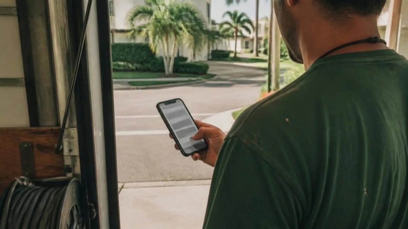 Un contratista de espaldas revisando una página web en su teléfono en la puerta abierta de su camioneta.