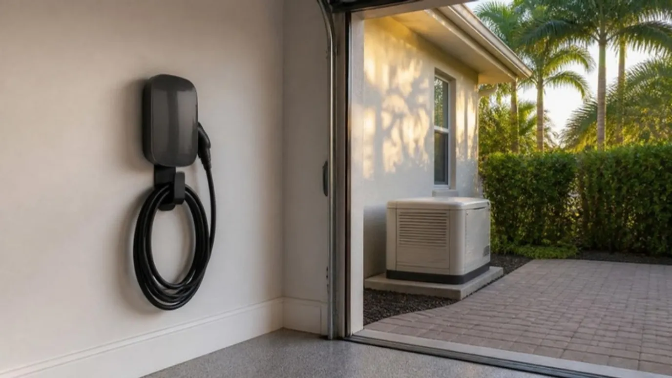 Un cargador de carro eléctrico en la pared del garaje, con una planta eléctrica afuera de la puerta abierta.