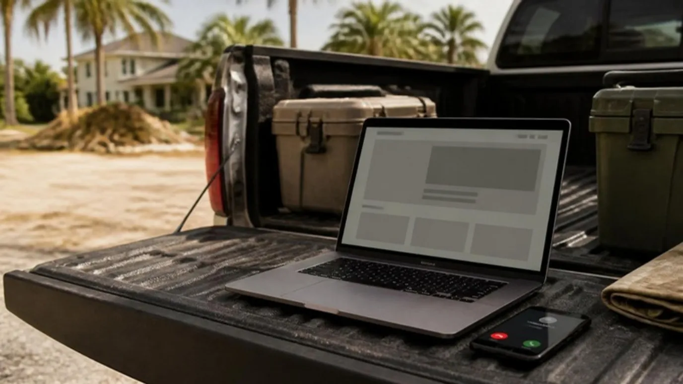 Una laptop con una página web sencilla en la parte de atrás de una camioneta en una obra, con un teléfono sonando al lado.