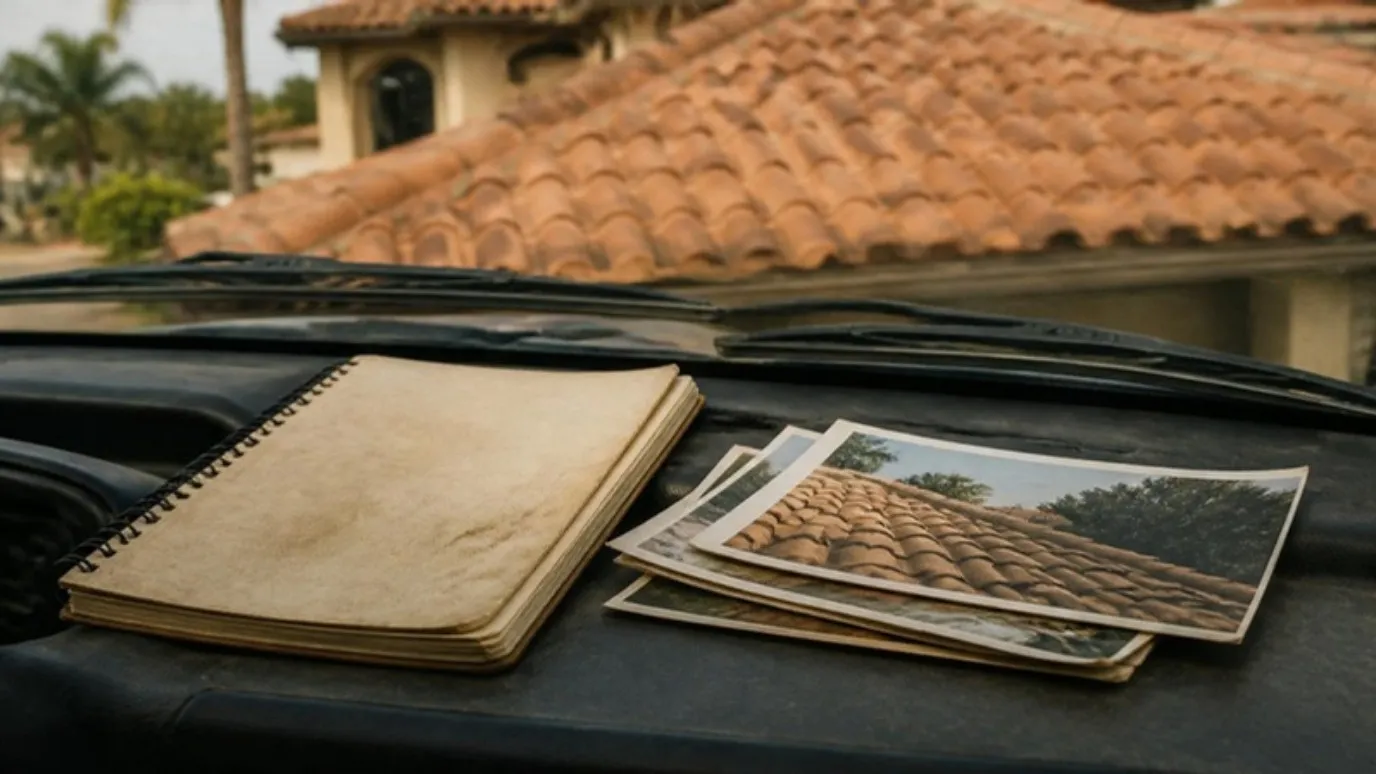 Una libreta vieja y fotos impresas de techos sobre el tablero de una camioneta, con un techo de tejas por el parabrisas.