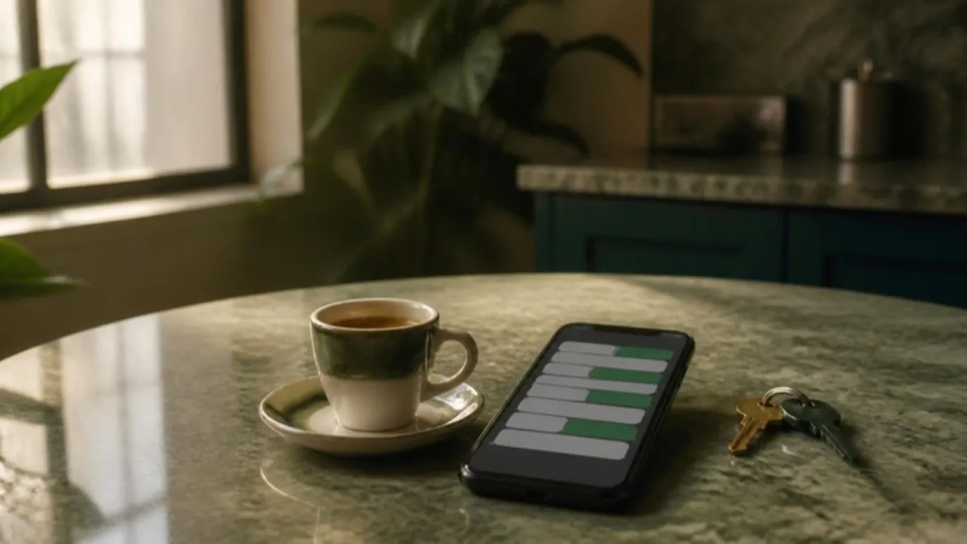 Un teléfono con una conversación de mensajes en la mesa de la cocina, junto a un cafecito y unas llaves.