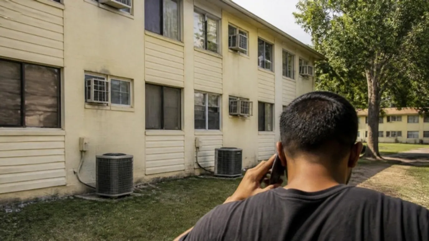 Un hombre de espaldas hablando por teléfono frente a un edificio de apartamentos con aires de ventana.