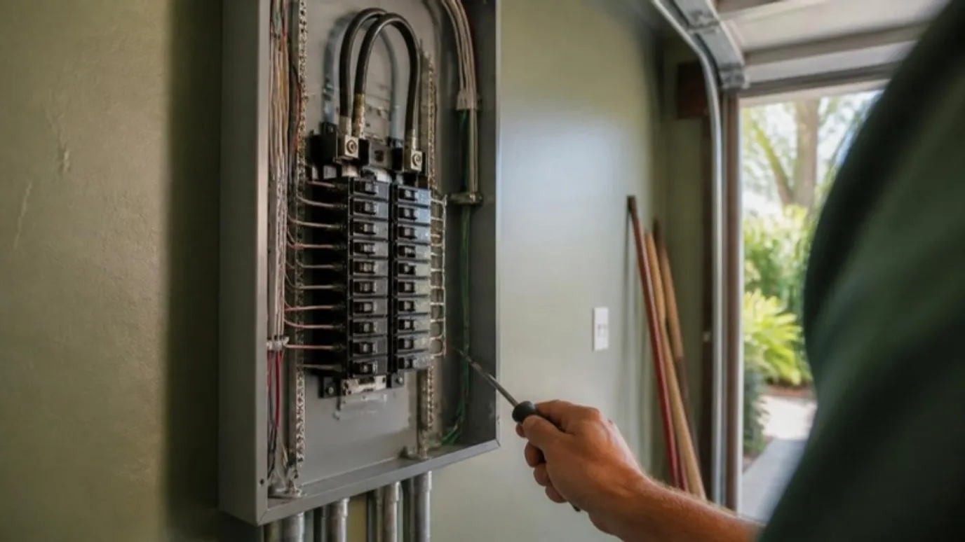 La mano de un electricista con un destornillador frente a un panel eléctrico nuevo sin tapa, en un garaje.