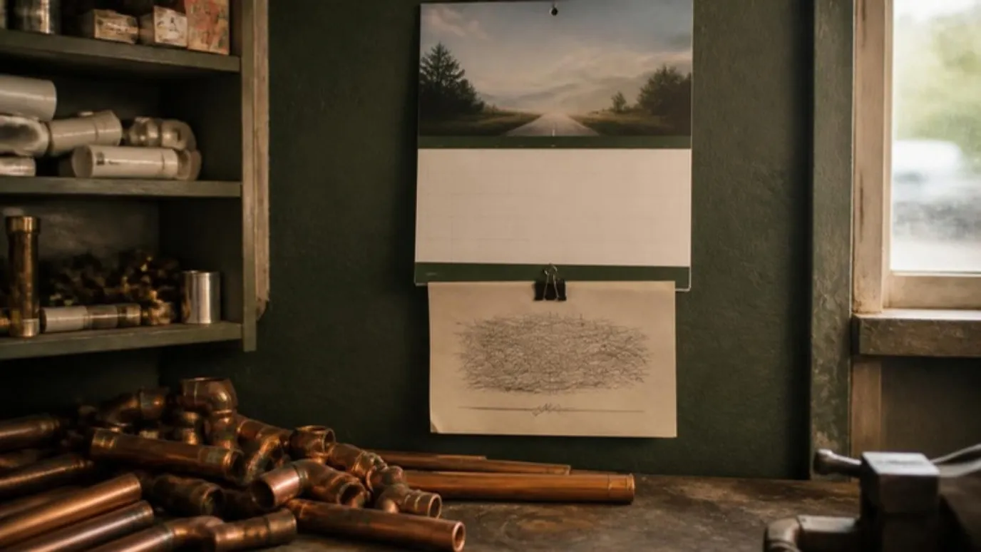 Un calendario de pared con una cotización sujeta debajo en un taller de plomería, sobre un banco con pedazos de tubo de cobre.