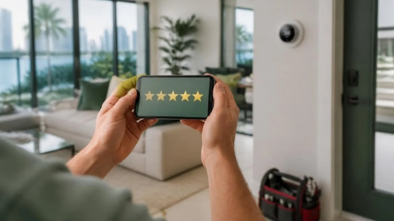 Unas manos con un teléfono que muestra cinco estrellas en una sala clara, con la bolsa de herramientas de un técnico junto a la puerta.
