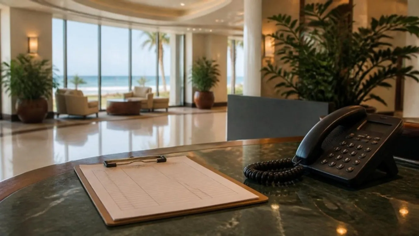 Una tablilla y un teléfono en el mostrador del lobby de un condominio con vista al mar.