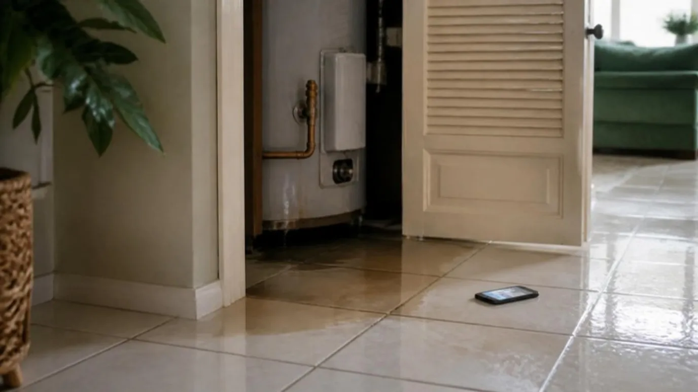 Agua regándose por el piso de losa desde el clóset del calentador, con un teléfono tirado en el piso mojado.
