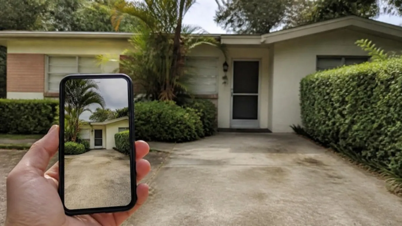 Una mano con un teléfono que muestra la foto de la misma casa de un piso que está detrás.
