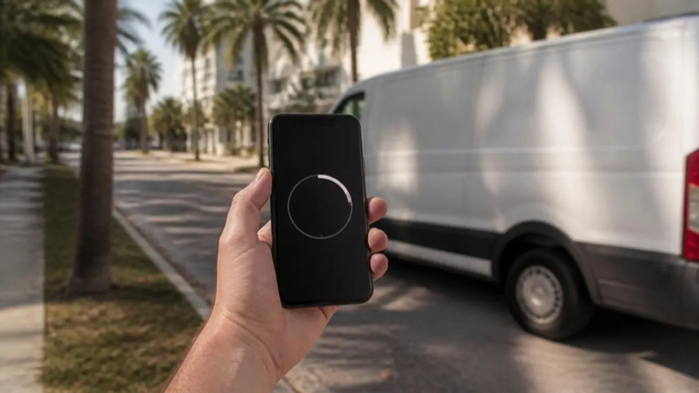 Una mano con un teléfono que muestra un cronómetro frente a una camioneta de servicio blanca en una calle soleada.