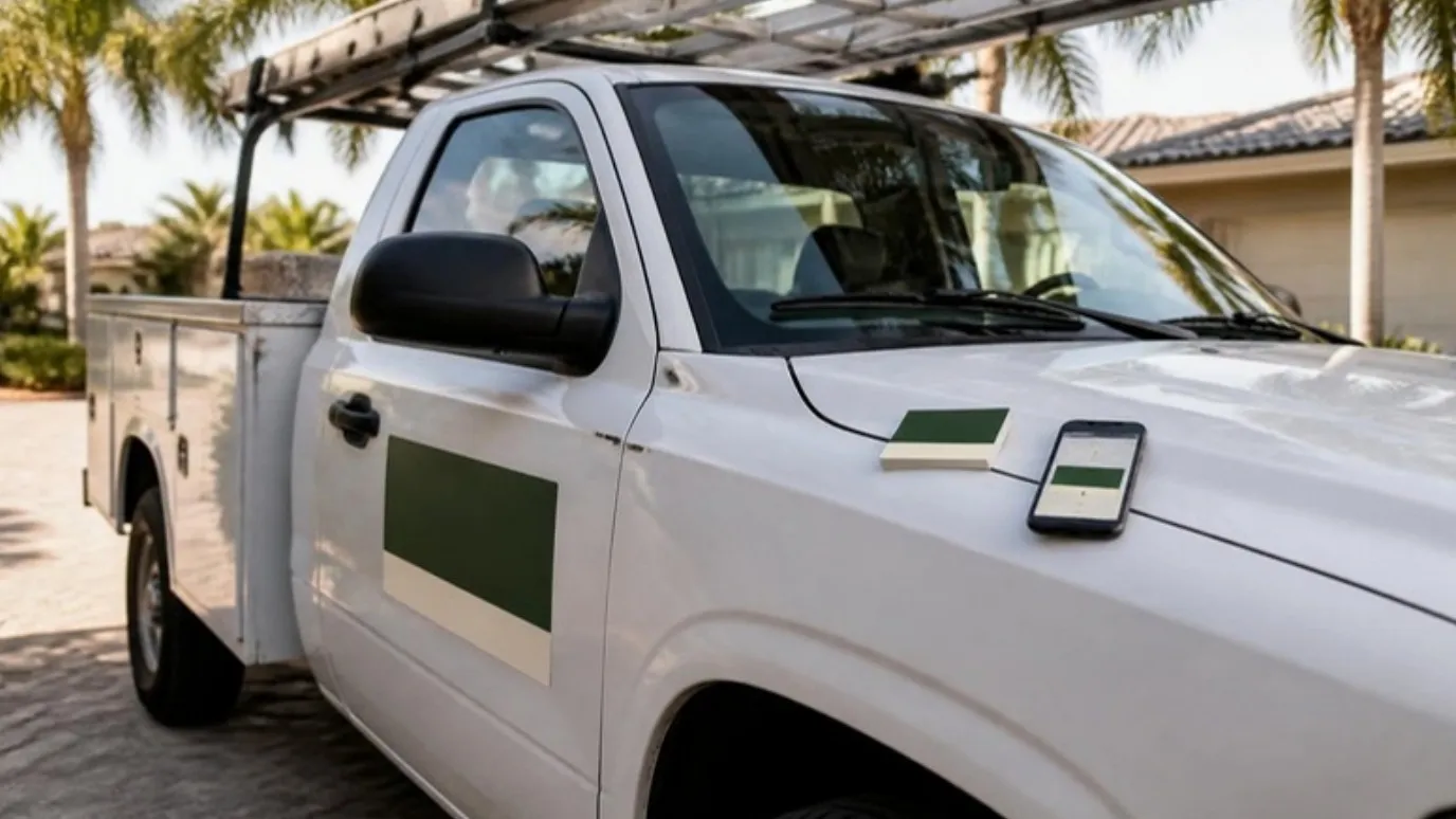 Una camioneta de trabajo blanca con un letrero verde en la puerta, y una tarjeta y un teléfono iguales sobre el capó.