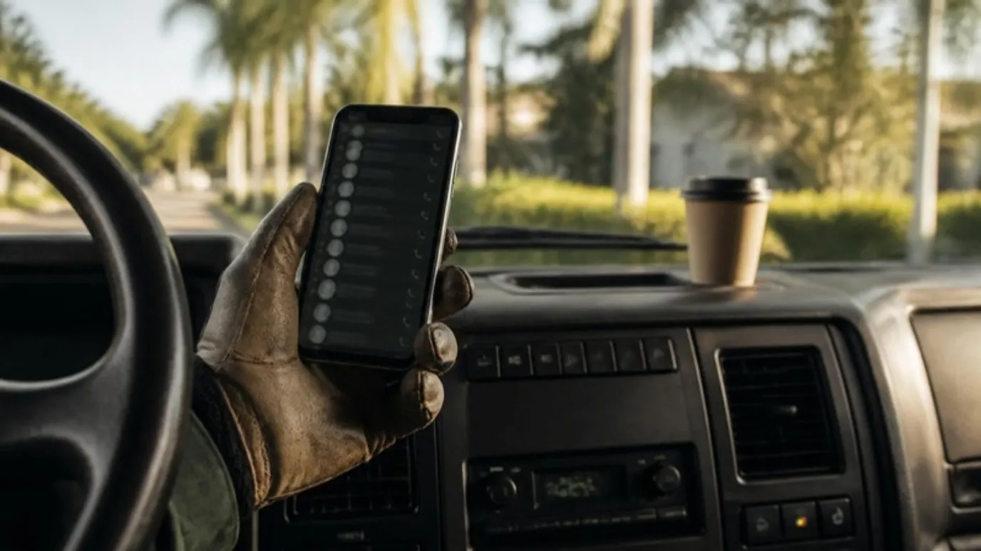 Una mano con guante sosteniendo un teléfono con una lista de llamadas dentro de una camioneta, con un café en el tablero.