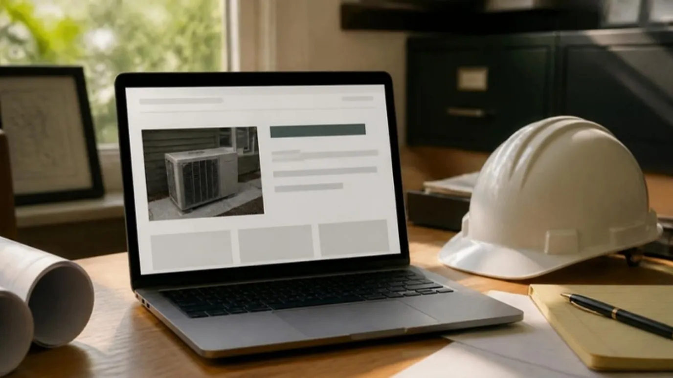 Una laptop en un escritorio con una página de servicio que muestra una unidad de aire, junto a un casco blanco.