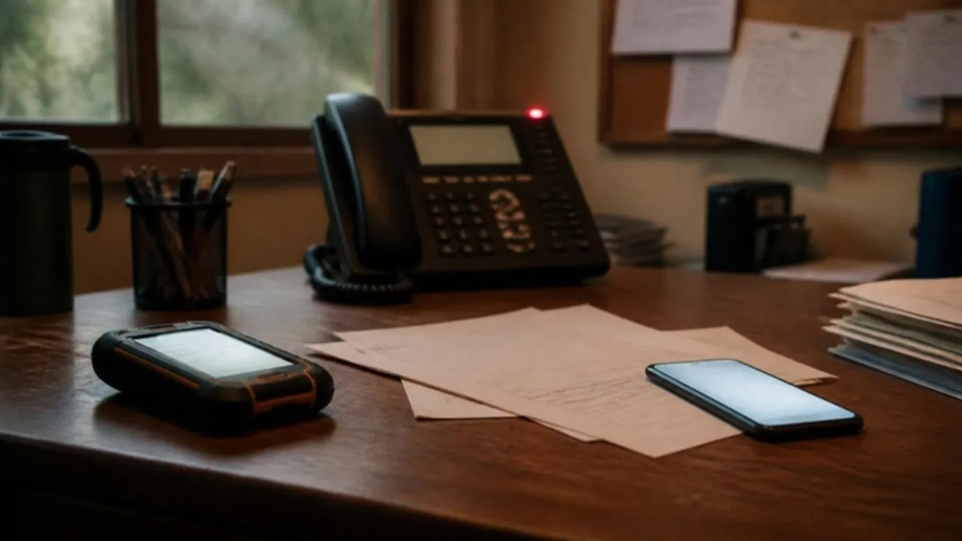 Tres teléfonos en un mismo escritorio: uno de trabajo, uno de oficina y un celular, con papeles en medio.