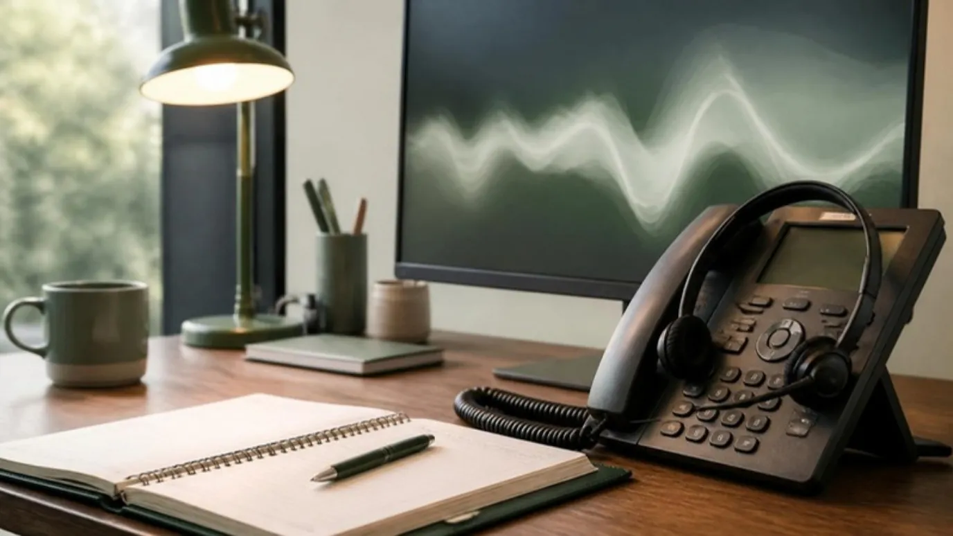 Un teléfono de oficina con audífonos, un monitor con una onda de sonido y una agenda abierta.
