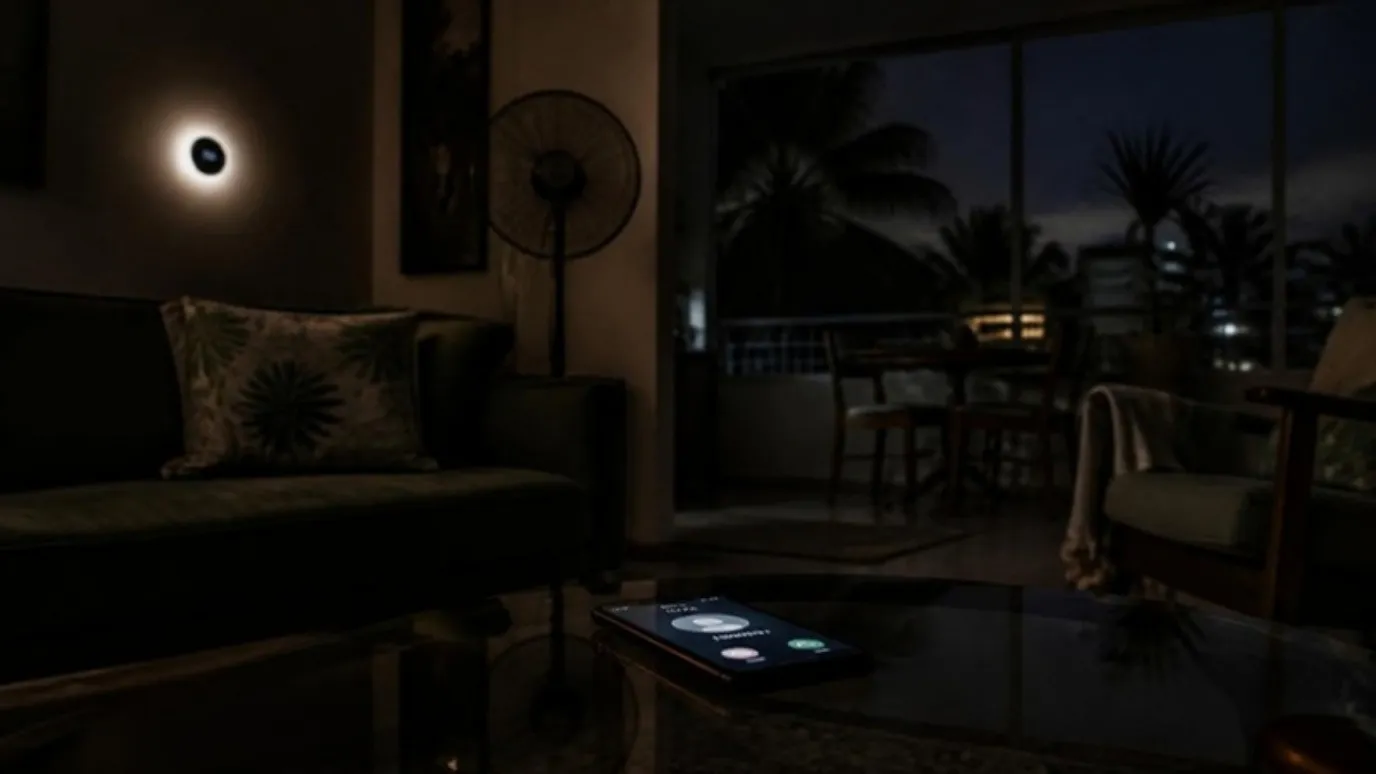 Una sala oscura de noche con el termostato encendido y un teléfono con una llamada entrando sobre la mesa.