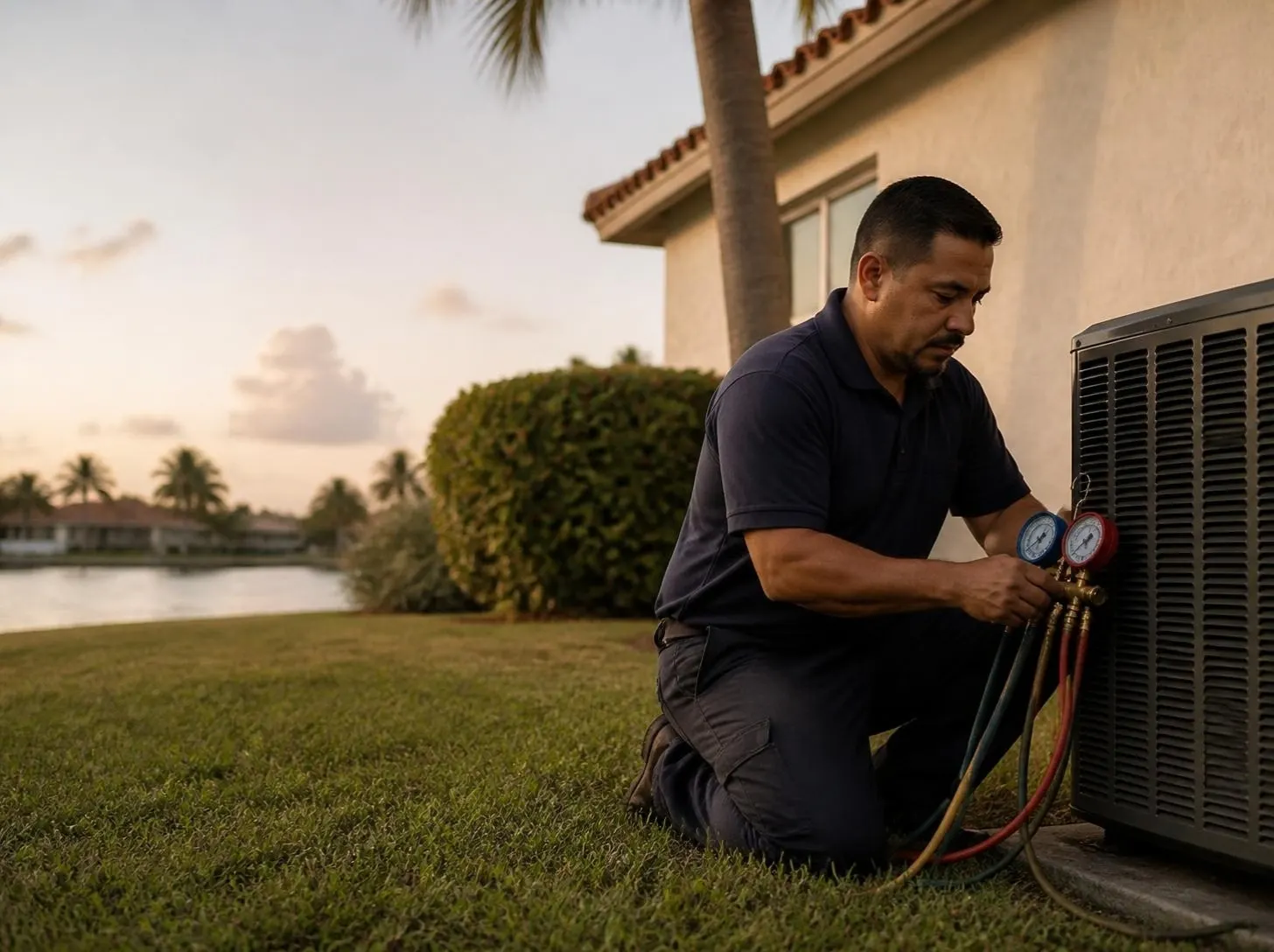 Un técnico de aire revisa la unidad de afuera de una casa en Miami-Dade al atardecer.