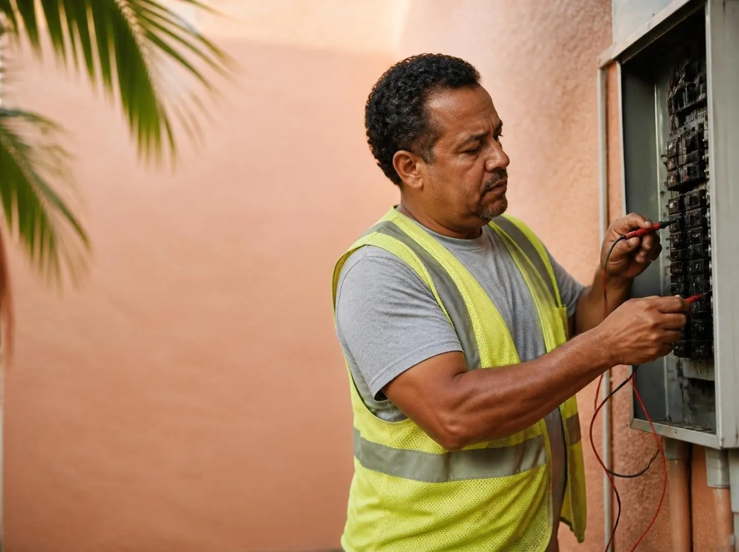 Un electricista revisa un panel eléctrico en una pared de estuco color durazno.