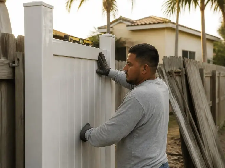 Un instalador coloca un panel nuevo de cerca blanca en un patio.