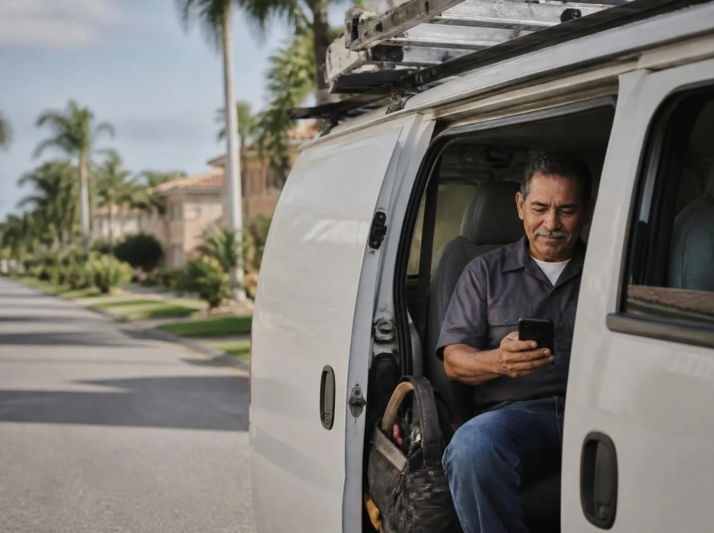 Un contratista sentado en su camioneta de trabajo, en una calle del sur de la Florida, lee un mensaje en el teléfono.