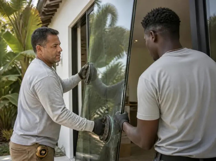 Dos instaladores levantan una puerta de vidrio de impacto en una casa de estuco blanco.