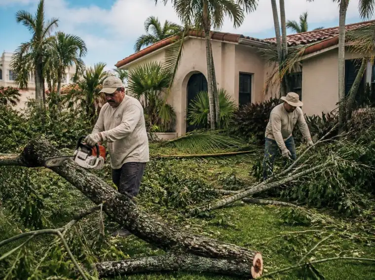 Una cuadrilla quita una rama caída del jardín de una casa después de una tormenta.