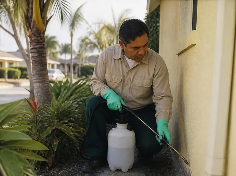 Un técnico de control de plagas trata la base de una casa de estuco.