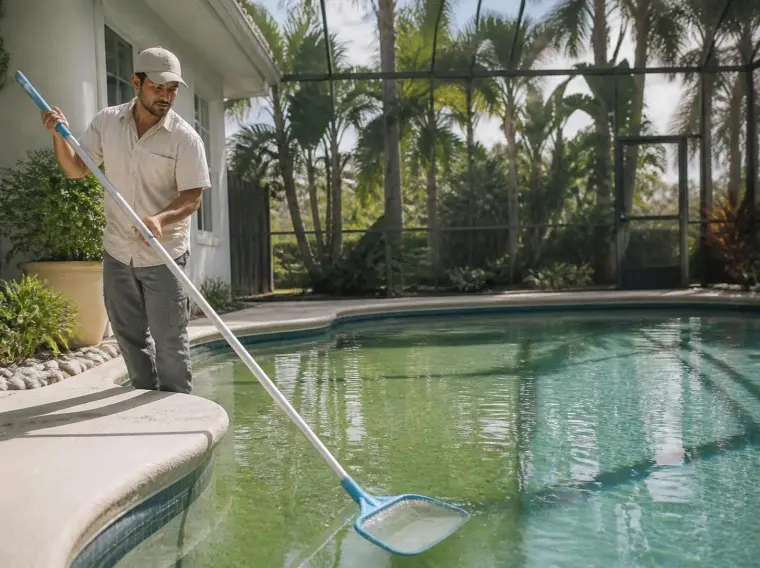 Un técnico limpia una piscina en el patio de una casa del sur de la Florida.