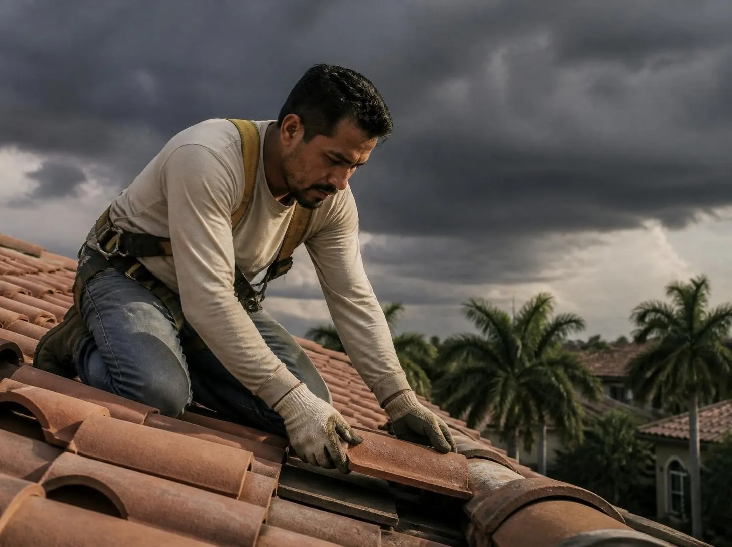 Un techador coloca una teja de barro en un techo de Miami mientras se forma una tormenta.